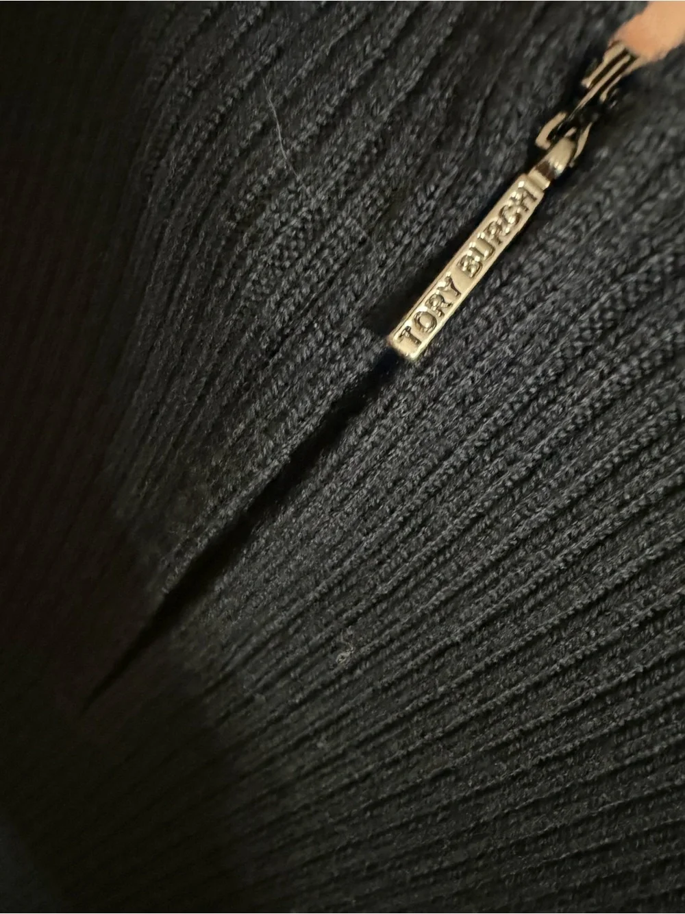 Tory Burch Black Ribbed Knit Dress w/ Leather Shoulder Panels Size M